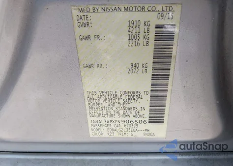2015 Nissan Altima 2.5 S from USA, damaged, VIN 1N4AL3APXFN906506